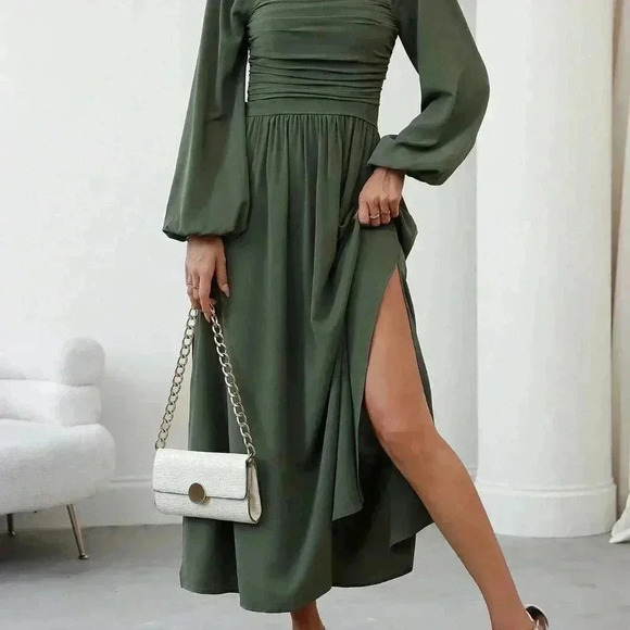 Green Elegant Women's Casual Square Neck Pleated Lantern Sleeve Dress - Picture 6 of 7